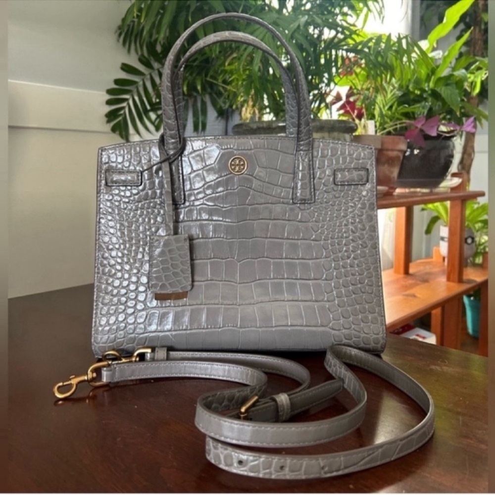 Tory Burch Gray Croc-Embossed Satchel - Picture 2 of 13